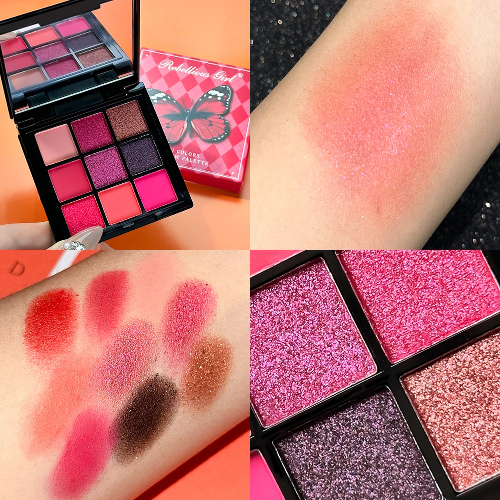 لوحة ظلال عيون مكونة من 9 ألوان، أحمر ووردي، غير لامع، لامع، لمسة نهائية معدنية لمظهر العين الدخانية، أحمر غني، مكياج للعطلات الدرامية #5