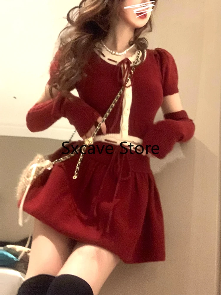 2023 Autumn Elegant 2 Piece Skirt Set Women Christmas Knitted Sweater Suits Party Slim Cardigan + Mini Skirt Japanese Kawaii Y2k