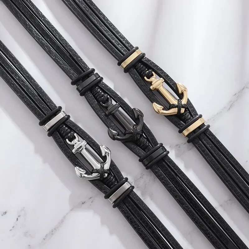 Vintage Punk Style Hand Braided Anchor Charm Bracelet Men's Classic Leather Bracelet with Magnetic Closure Fashion Wrist Jewelry image 5