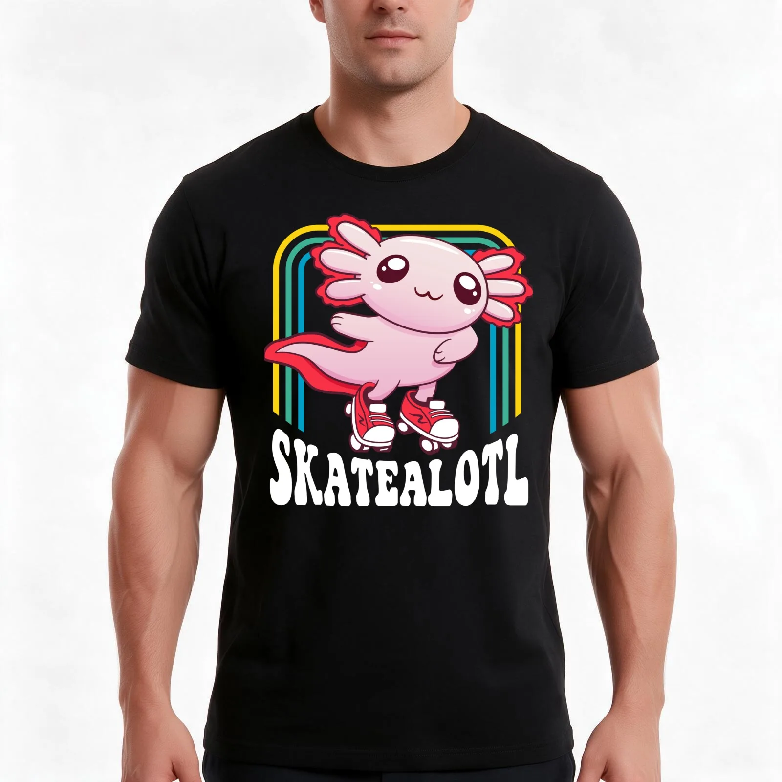 Funny Disco Roller Skate Axolotl - Pastel Kawaii Salamander Skater T-Shirt, Summer Casual Cotton Tee, Oversized Streetwear Tops