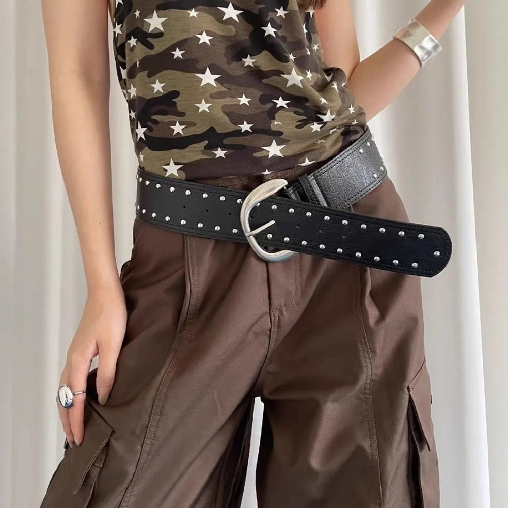 Регулируемый Y2k женский ремень с заклепками, металлическая пряжка, джинсовый ремень, широкий кожаный пояс, винтажный универсальный ремень в стиле панк, пряные девушки