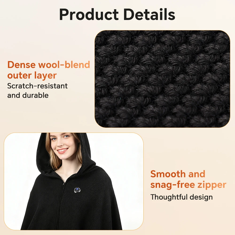 Heated Shawl Wearable Heated Blanket Graphene Heating Shawl with 3 Heat Levels Hooded Design USB Powered Portable Body Warmer