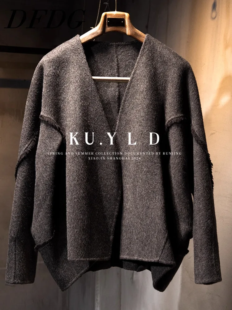 

DFDG Women’s 2025 Autumn Winter Designer Raw Edge V-Neck Wool Double Faced Coat Slimming Petite Asymmetric Oversized Overcoat