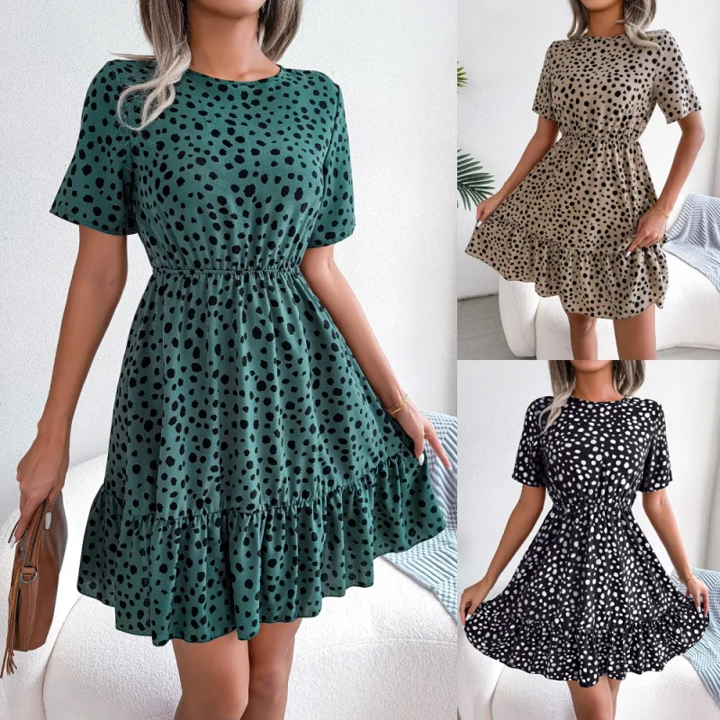 

BSJ-insWind Real Shot Spring and Summer New Casual Polka-Dot Cinched Ruffled Large Swing Dress Women's Clothing