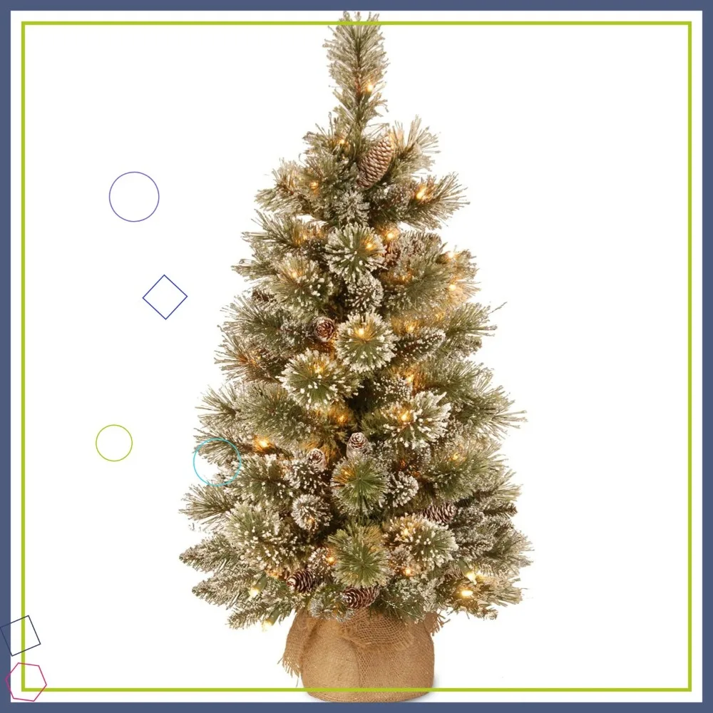 

3ft Pre-Lit Glittery Artificial Christmas Tree with LED Lights, Timer, and Burlap Base