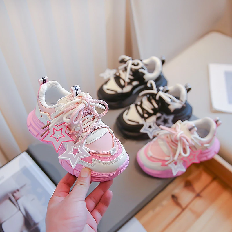 

2023 Autumn New PU Non-slip Children Boys Sneakers Stars Lace-up Pink Beautiful Breatheable Simple Non-slip Kids Shoes for Girls