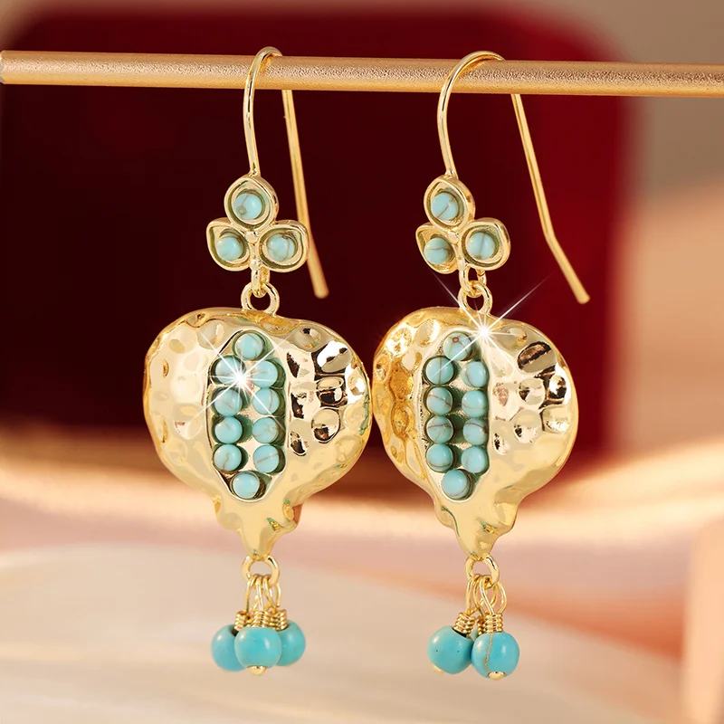 Ladies' Luxury Concave Convex Hammer Pattern Earrings Embedded Synthetic Turquoise Pendant Earrings Fashion Accessory