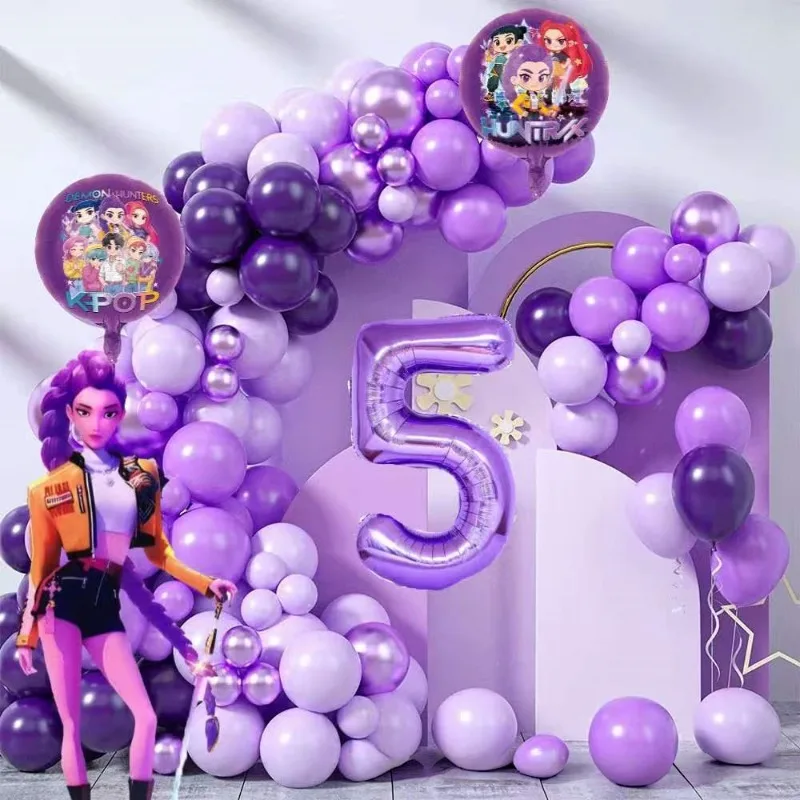 K-Pop Birthday Party Decorations, Purple Pink Balloon Garland Kit with Foil Balloons & Happy Birthday Backdrop Party