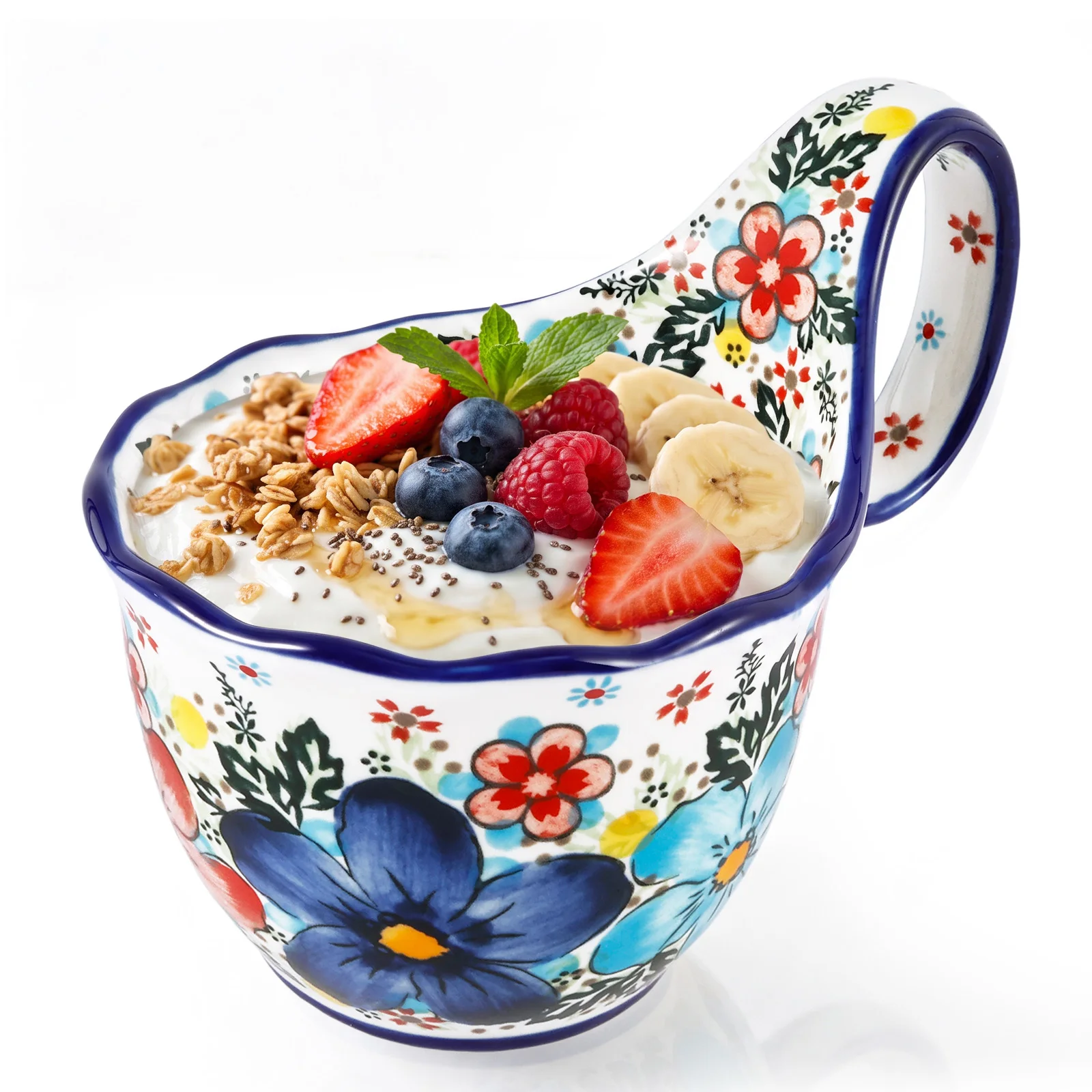 Ceramic Soup Bowl Loop Handle Soup Bowls Elegant Floral Coffee Cup Microwave Dishwasher Safe for Cold Desserts Hot Drinks Milk