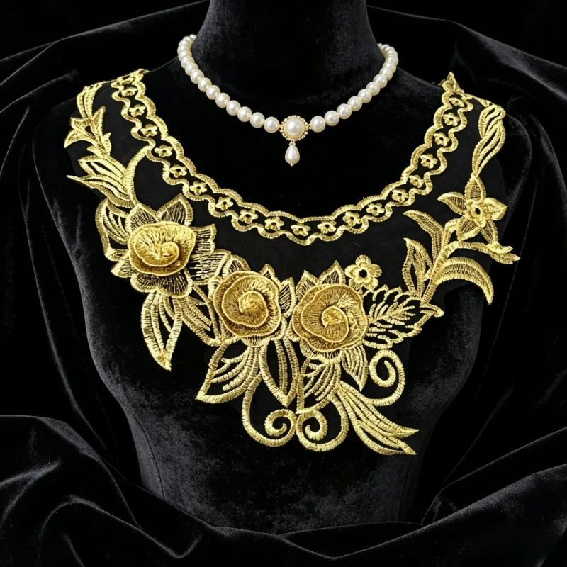 1 Piece of Luxurious Gold Thread Embroidered Lace Collar - 3D Floral Applique Collar Patch, Thick Black Mesh Sewing Trim, Suitab