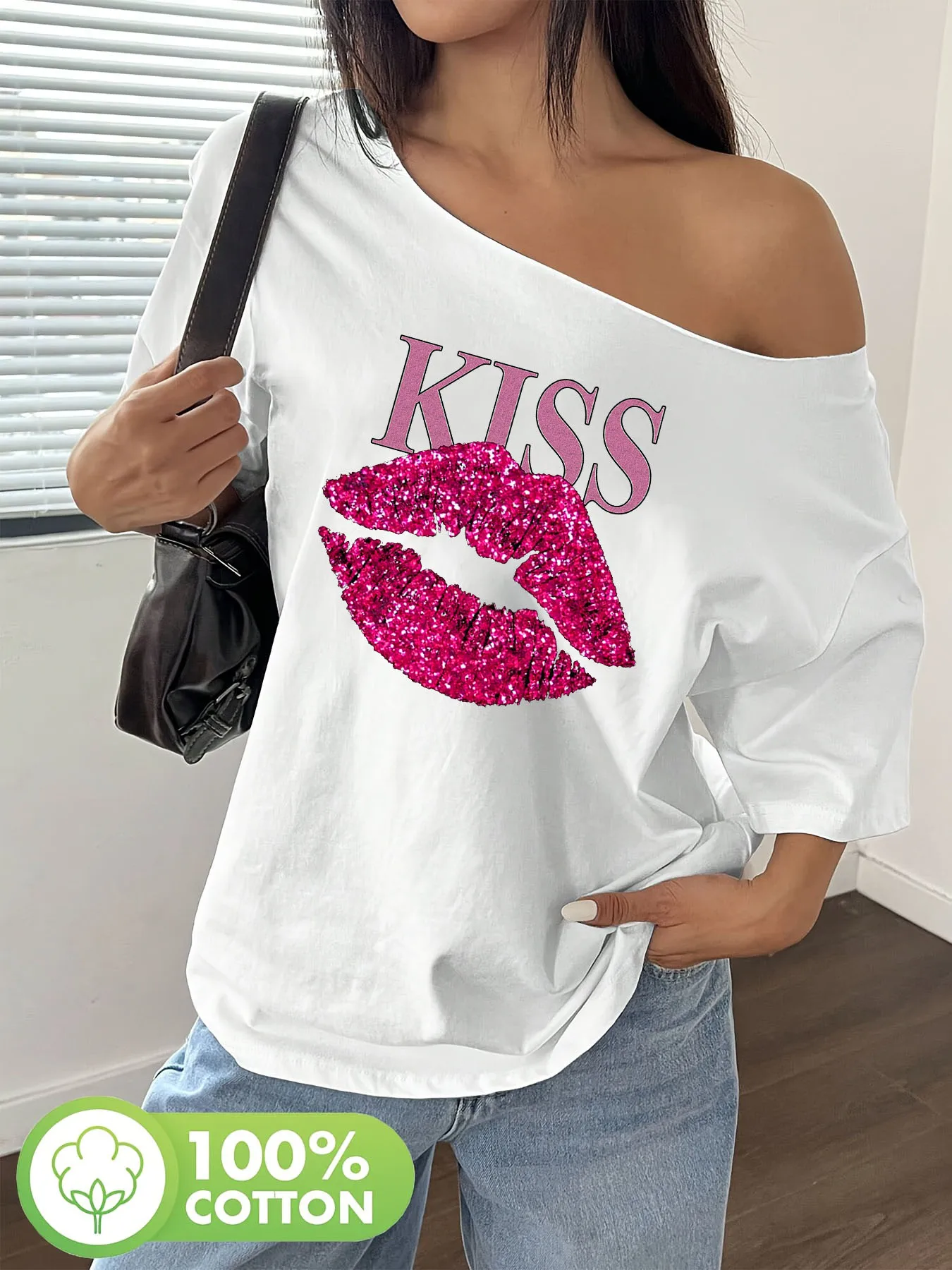 Image of Y-KISS Lip Plus Size 100% reine Baumwolle Schulterfreies Y2K T-Shirt, Oversize Damen-Oberteil, Sommer Off-Shoulder Top