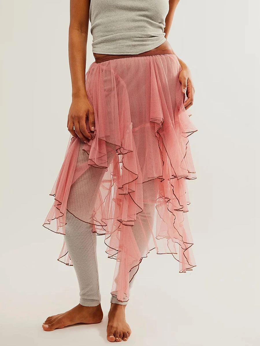 New Women Sheer Tulle Skirt Casual Summer Irregular Layered Ruffled Elastic Skirt For Beach Vacation Club Streetwear S-XL