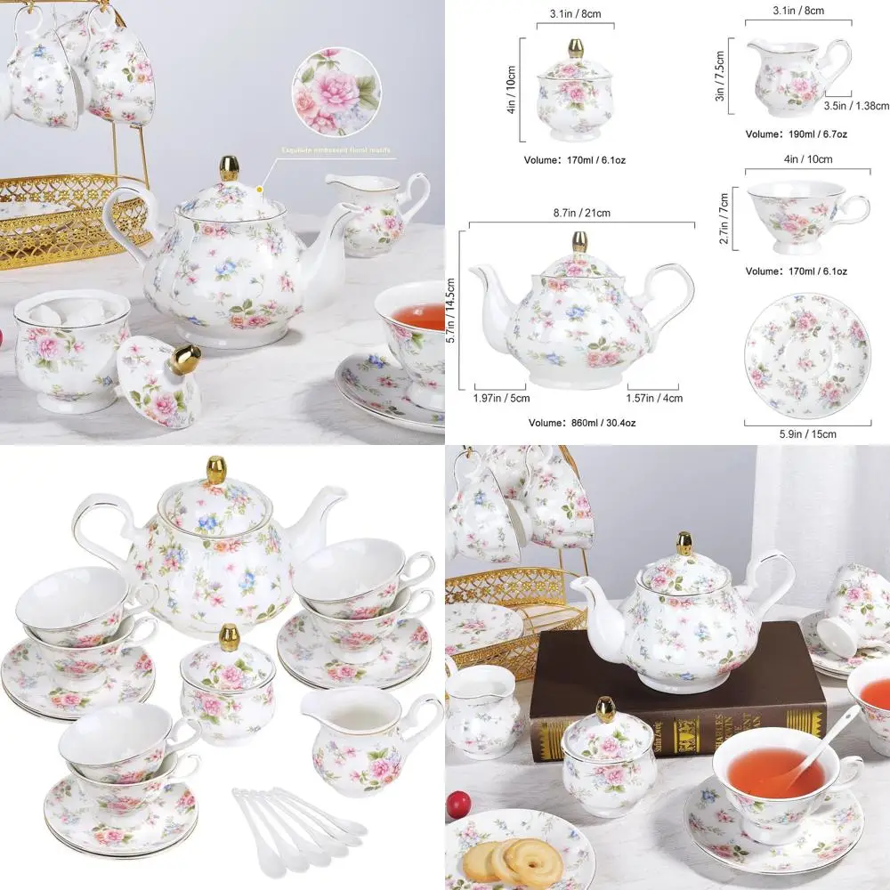 

Vintage Romantic Pink Blue Floral Porcelain Tea Set with Gold Trim, British Style Coffee Set for Adults, Ideal Gift for Weddings