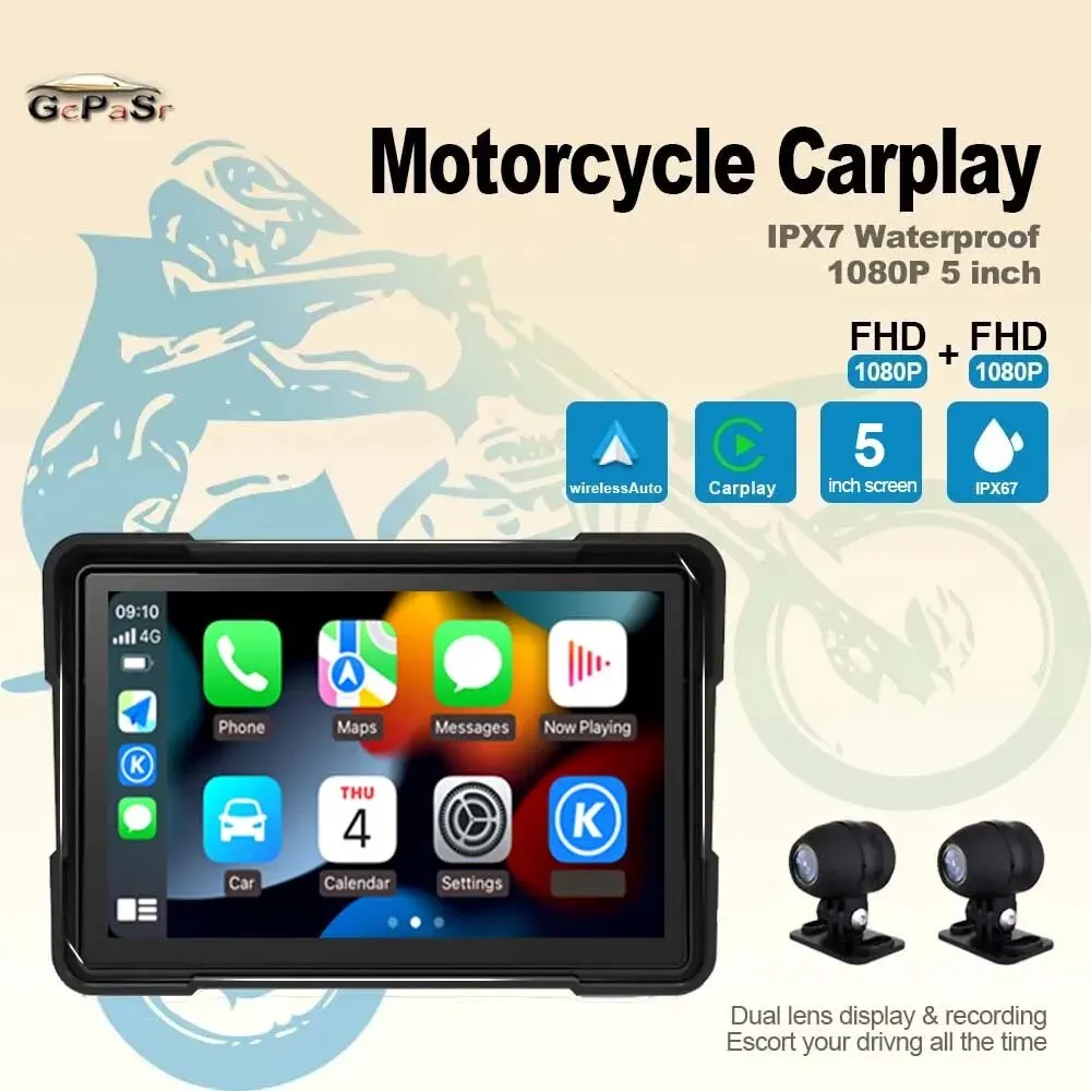 GcPaSr-Waterproof Motorcycle Dash Cam, Navegação GPS, CarPlay, Android Auto, IPS Smart Touch Screen, HD 1080P, 5 "Display