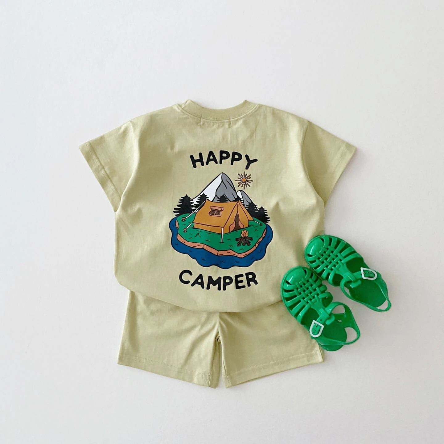 Korean Style Summer Toddler Kids Baby Boy Clothes Sets Two Sided Happy Camper Print T-shirt+Organic Cotton Shorts Girl Clothes