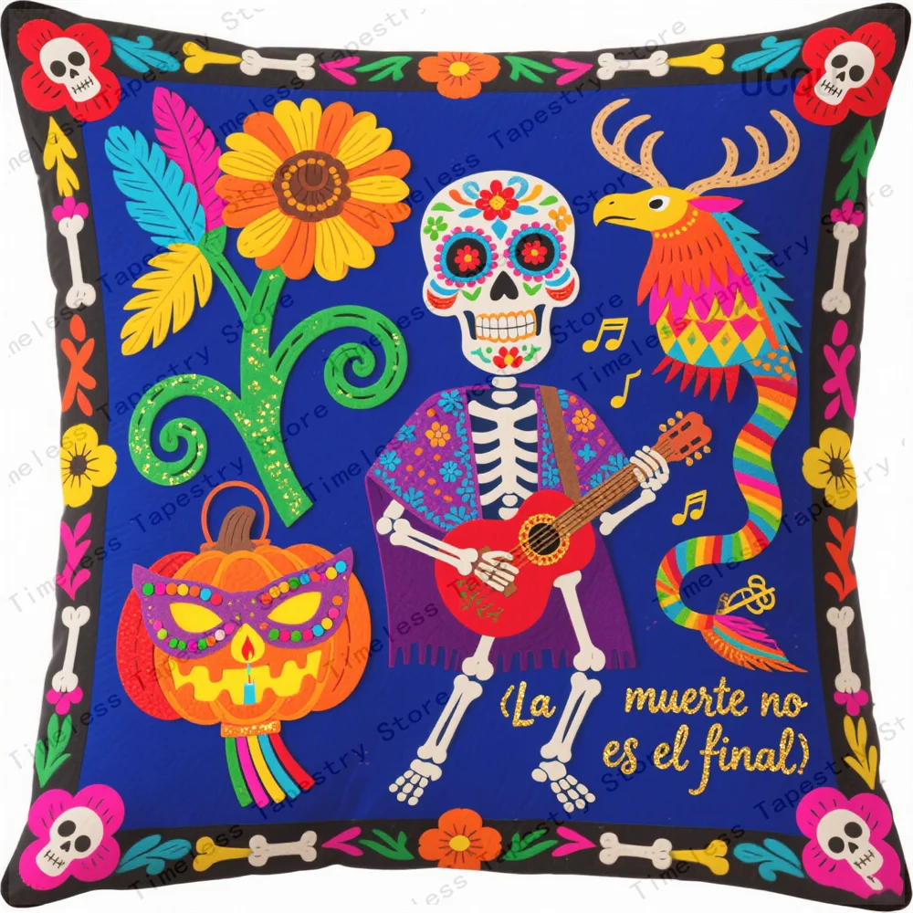 طباعة جمجمة السكر المثيرة لـ Dia De Los Muertos على غطاء وسادة مزخرف ممتع وغطاء وسادة ناعم ومريح
