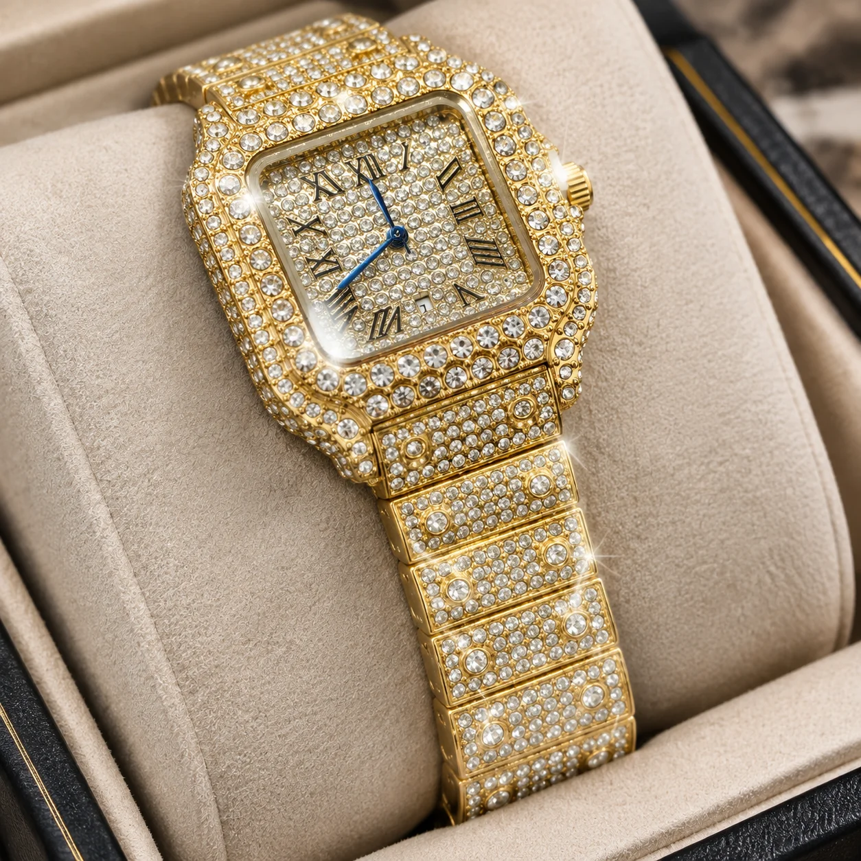 Men's square plate reading watch, block face splicing shape strap, light luxury collection style