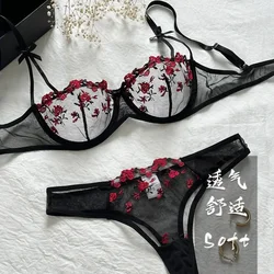 Y Women's French Underwear Ink Painting Embroidery Butterfly Mesh Lace Bra Set Thin Cotton Cup Large Chest Show Small Bra