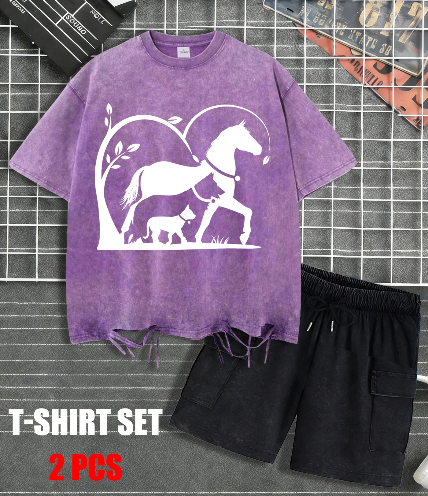 

Мужская футболка из мягкого хлопка с принтом «Лошади растут вместе с щенками», с эффектом потертости, летняя уличная мода, креативный спортивный костюм