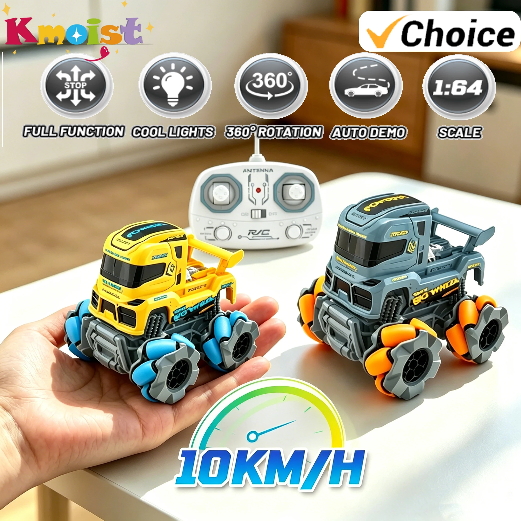 1/64 Desktop RC Car Toy Remote Control Flatbed Large Wheel Special Mini Stunt Drifting Truck Toys for Kids Adults Birthday Gifts