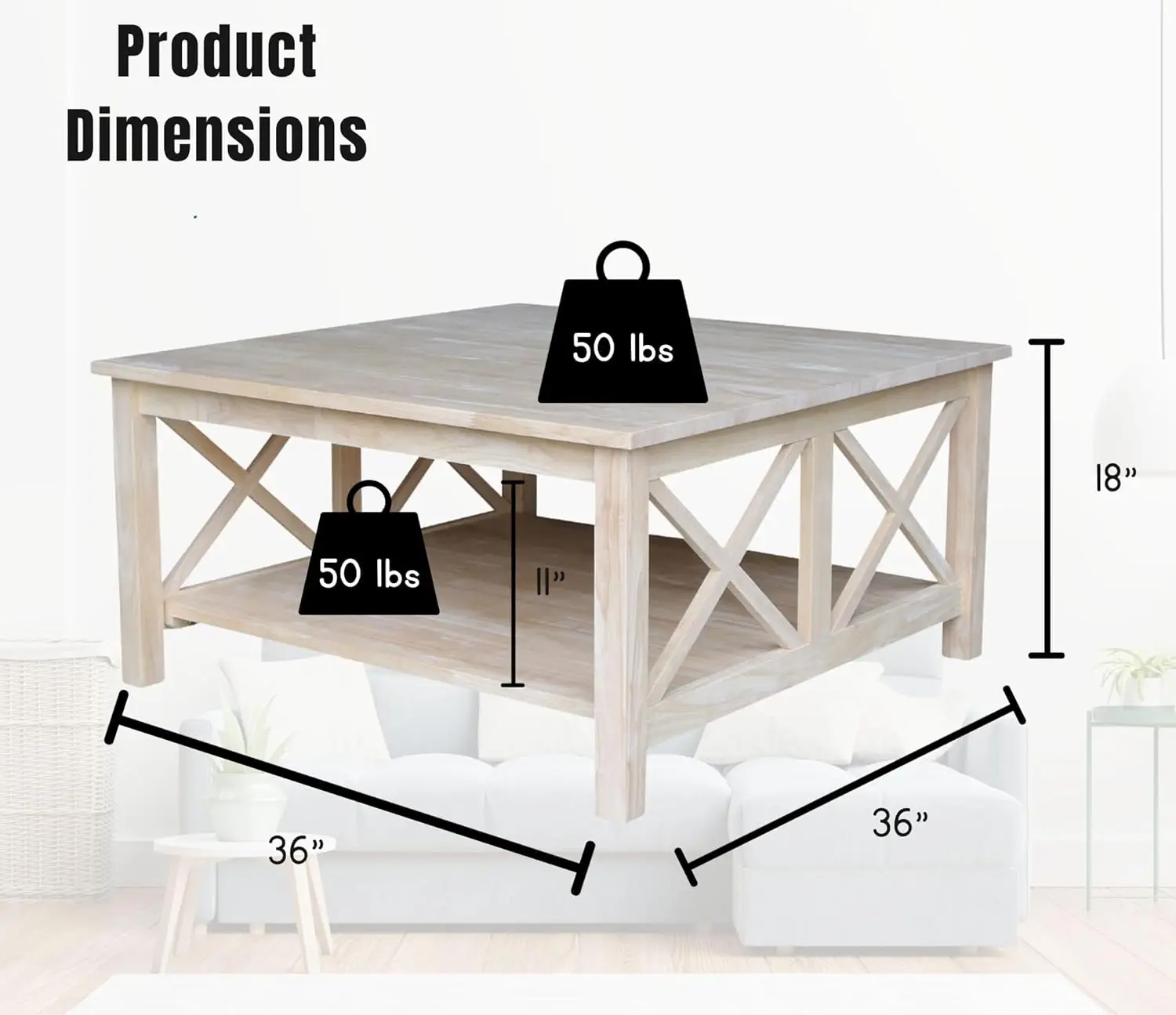 Internacional Concepts-mesa de centro cuadrada, mesa de centro, Sin terminar