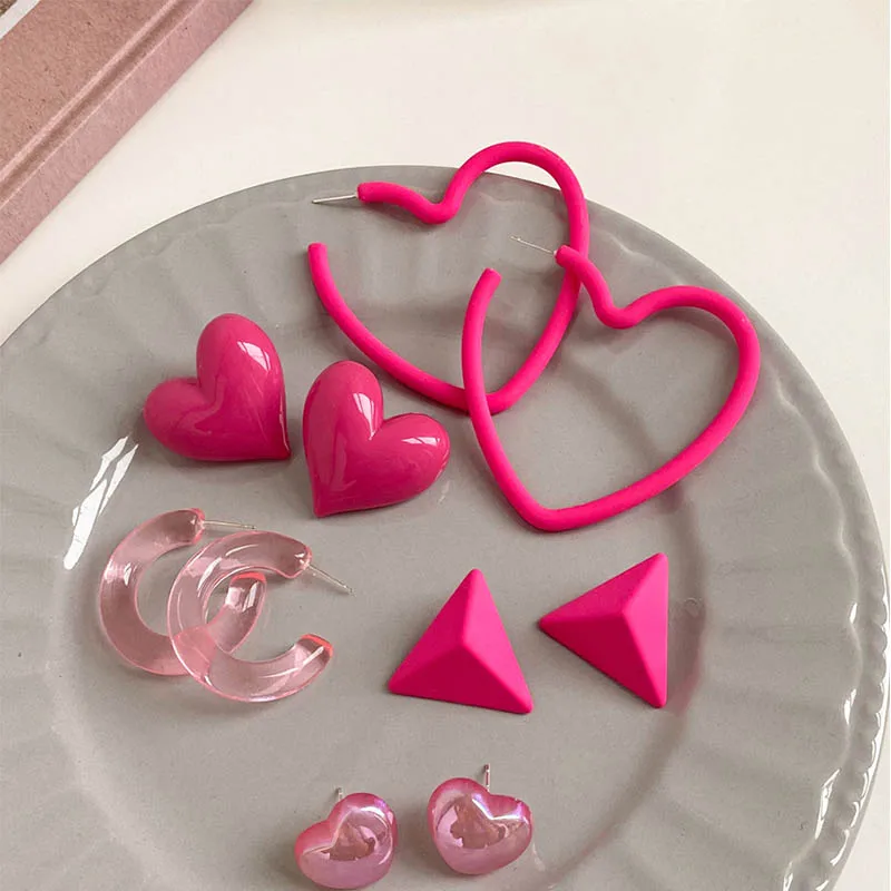 Neon Fuchsia 5 On Heart Design Earring Set Pink Style Heart Hoop Triangle Earring Stud Pink Clear Plastic Hoop Multi Earring Set