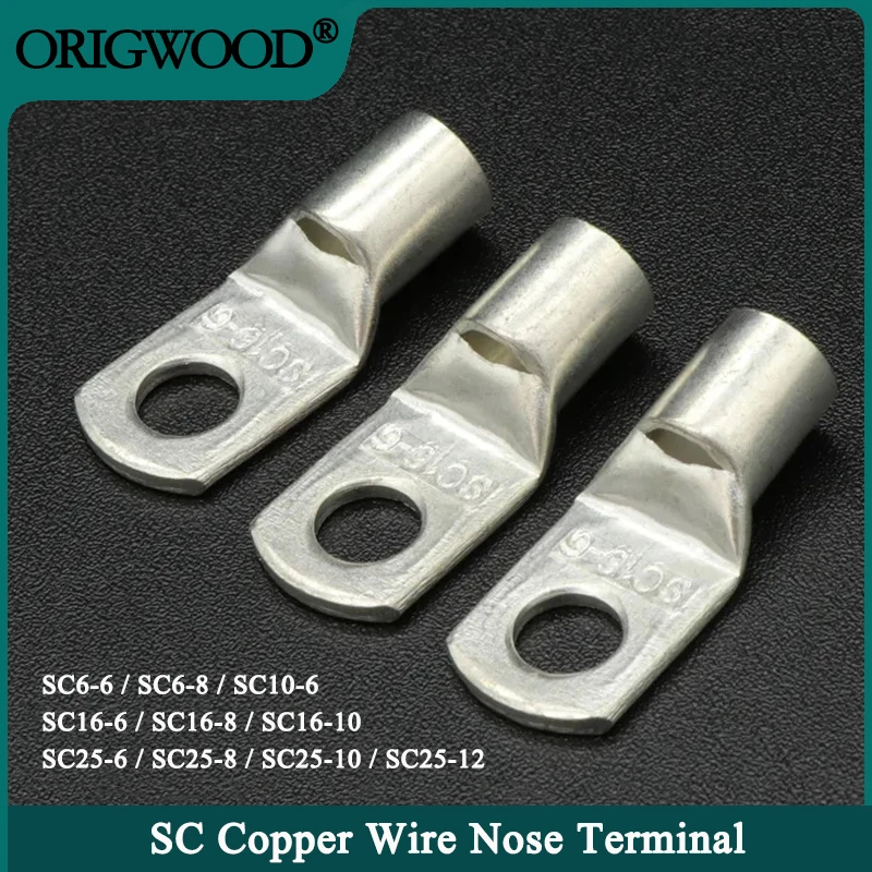 SC Type Wire Nose Terminal Bare Copper SC6 SC10 SC16 SC25 Battery Block Lugs Hole ID 6mm 8mm 10mm Crimp DTGA Cable Connector