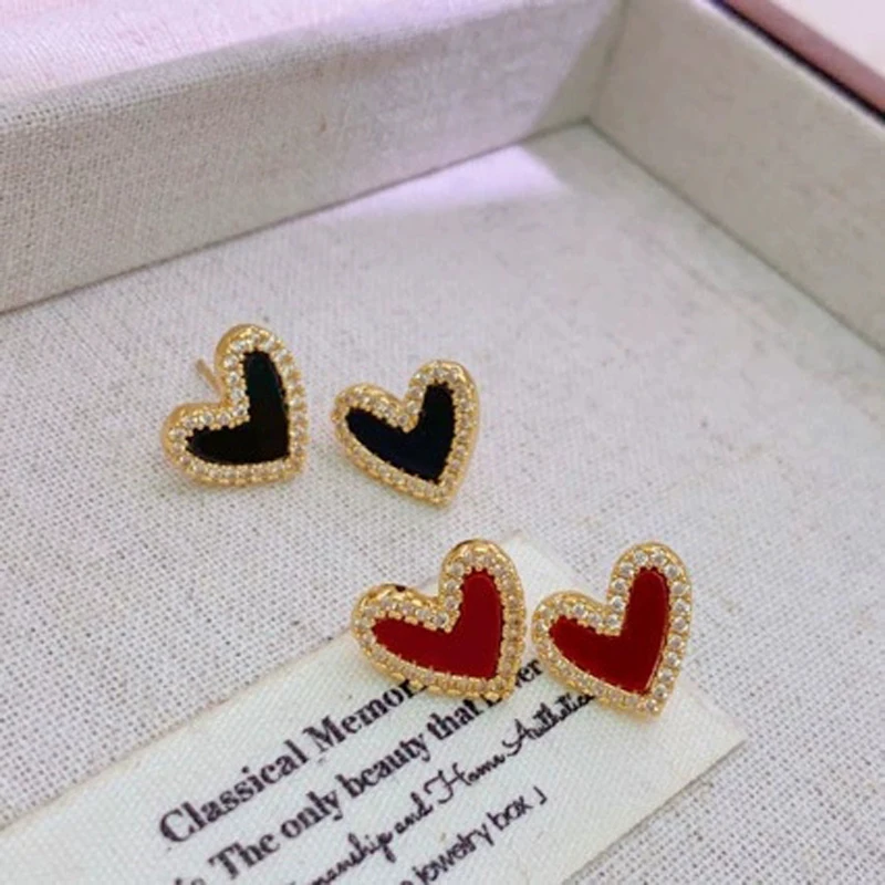 Cute Small Heart Stud Earrings Romantic Sweet Jewelry Red White Black Pink Enamel Oil Rhinestones Frame Earrings Accessories
