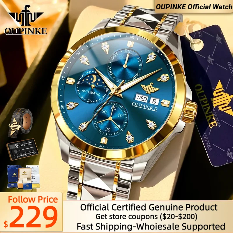 

OUPINKE 3298 Luxury Man Watch Tungsten steel Dual Calendar Multi-function High Quality Sapphire Mirror Mechanical Watch for Men