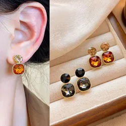925 Silver Needle Korean Fashion Champagne Crystal Earrings For Women Jewelry 2026 Trending Square Sugar Gray Black Earrings