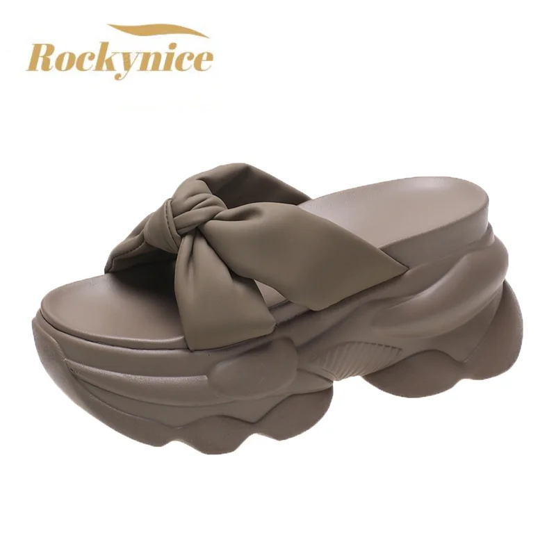 

9CM High Platform Slippers Women Solid Color Thick Sole Leather Sandals Woman Chunky Summer Casual Beach Slides Zapatos Mujer