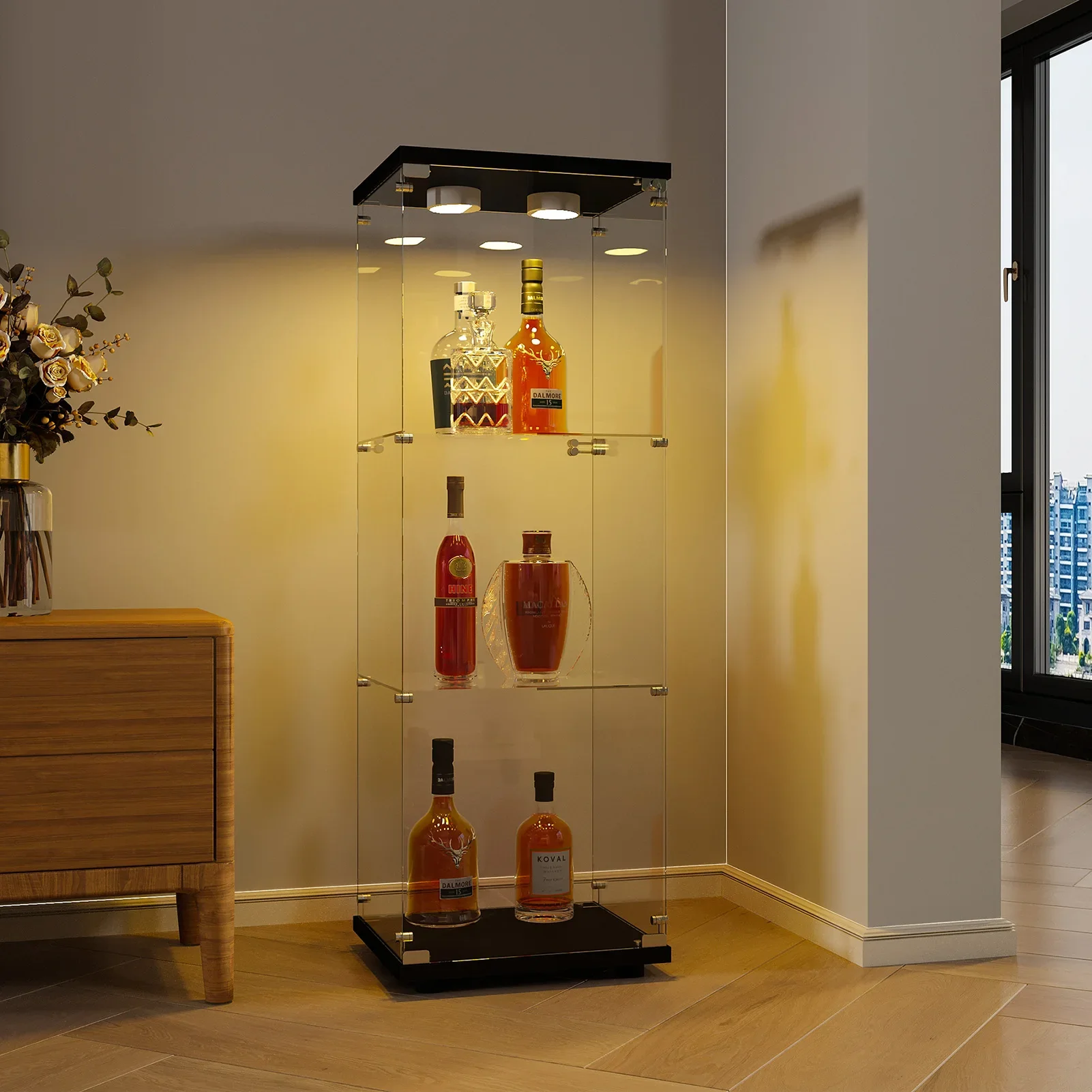 Vitrine en verre LED moderne Rosahqnda, vitrine à 3 niveaux avec une porte, dessus et dessous en MDF, pour la maison, le bureau, le magasin