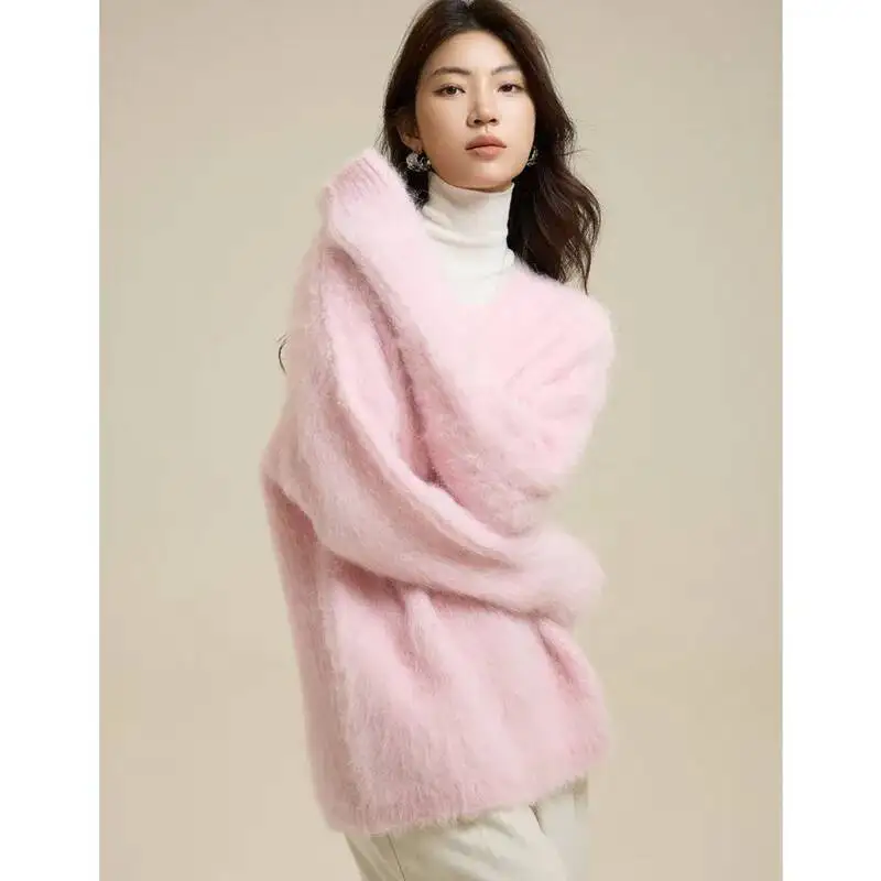 

Winter V-neck Alpaca Wool Sweater Women Soft Long Sleeve Loose Warm Think Fleece Pullovers