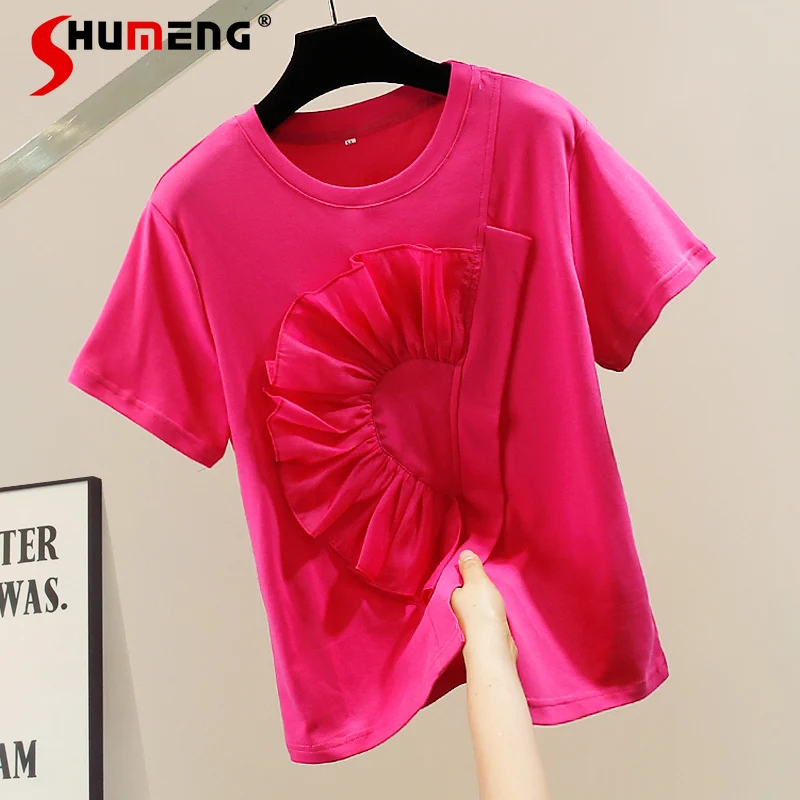 

Fashion 2024 Summer Round Neck Irregular T-shirts Women Elegant T-shirt Loose All-Match Solid Color Trendy Feminine Tops