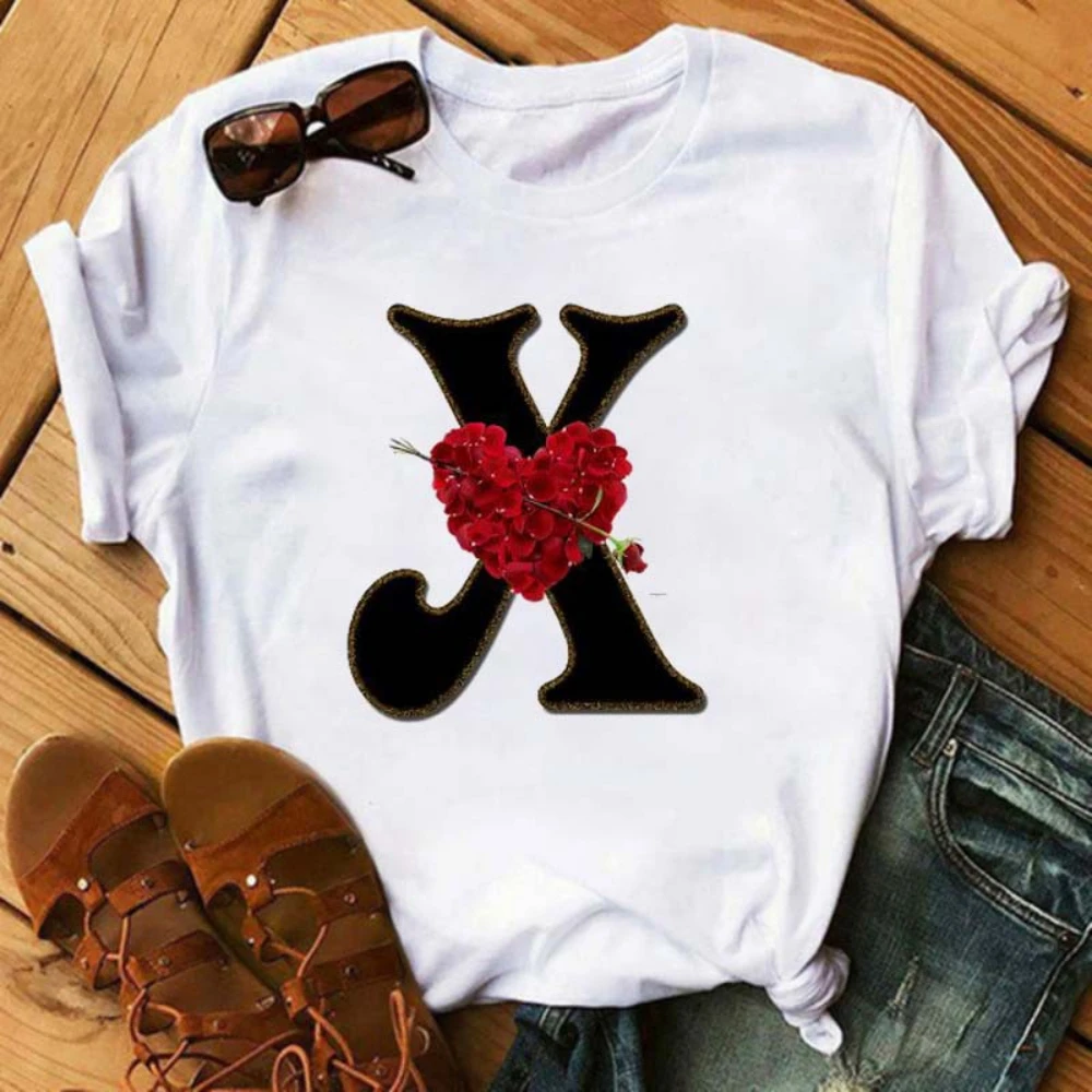 Rose ABC Alphabet Graphic Print White Tee Women Casual Loose Oversize Shirt Top Daily Wear Durable Plus Size Short Sleeve Tshirt