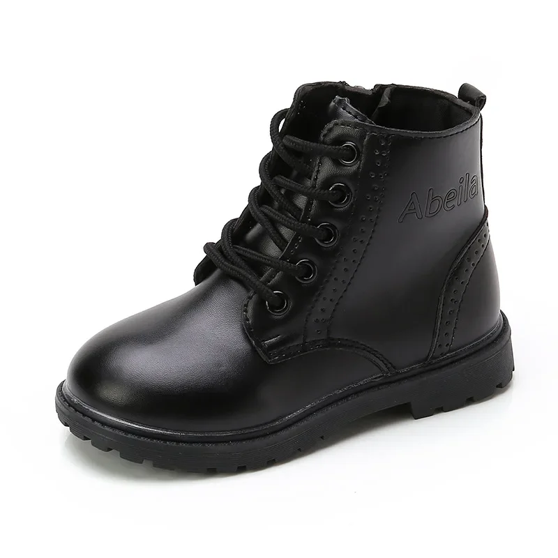 Boys Boots Girls Tide shoes Black Leather Classic Kids Ankle Boots Size 21-37 Cross-tied Zip Children's Tide Boots Soft Autumn