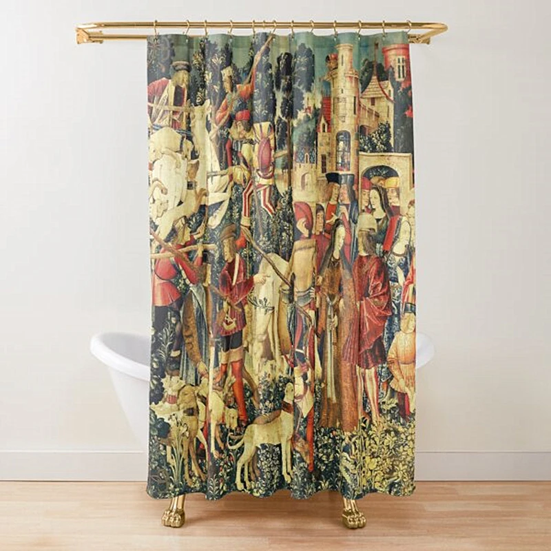 Medieval Deer Hunting Scene Shower Curtain Ladies and Dogs Antique Shower Curtain Animals Retro Vintage Bathroom Curtains Set