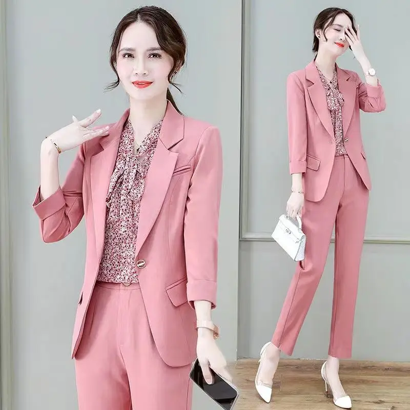 2023 summer new vintage print vest casual jacket blazer wide leg pants three-piece elegant women pants suit office outfit