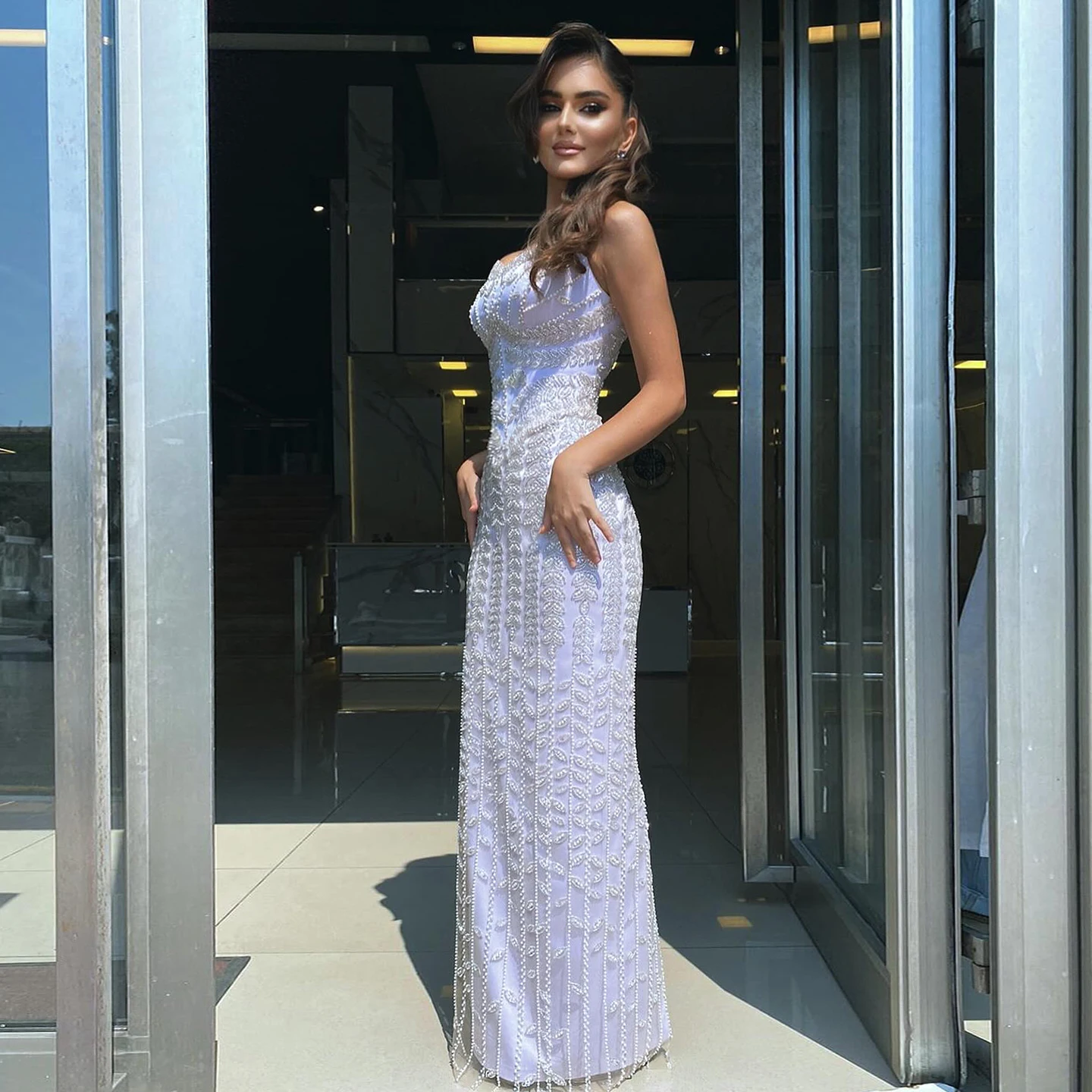 Sharon Said Dubai Spaghetti Straps Blue Luxury Blue Evening Dress for Women Arabic Long Specical Occasion Dress SS694 Customized image 3