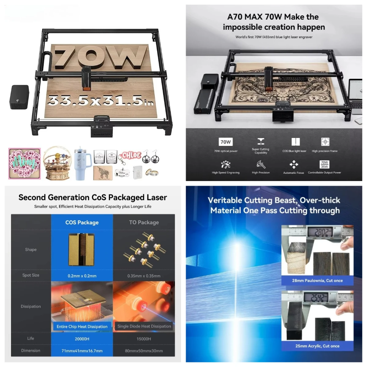 

X70 A70 Max 70W Output Diy Cutting Machine Auto Focus With Air Assist for Wood Mdf Metal Glass Marble Leather