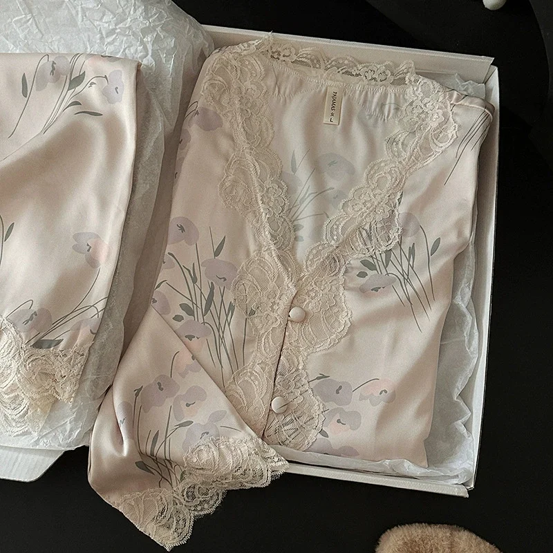

Women Sexy Lace V Neck Pajama Set Loungewea 2PCS Long Sleeve Cardigan&Trouser Suits Lingerie Loose Satin Homewear Sleepwear