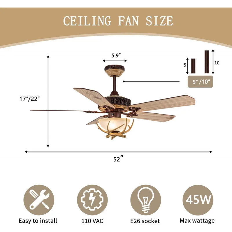 Imagem -06 - Ventilador de Teto Rústico Interior com Luz Lâminas de Madeira Modern Antler Fan Decoração Home Remoto de 52in