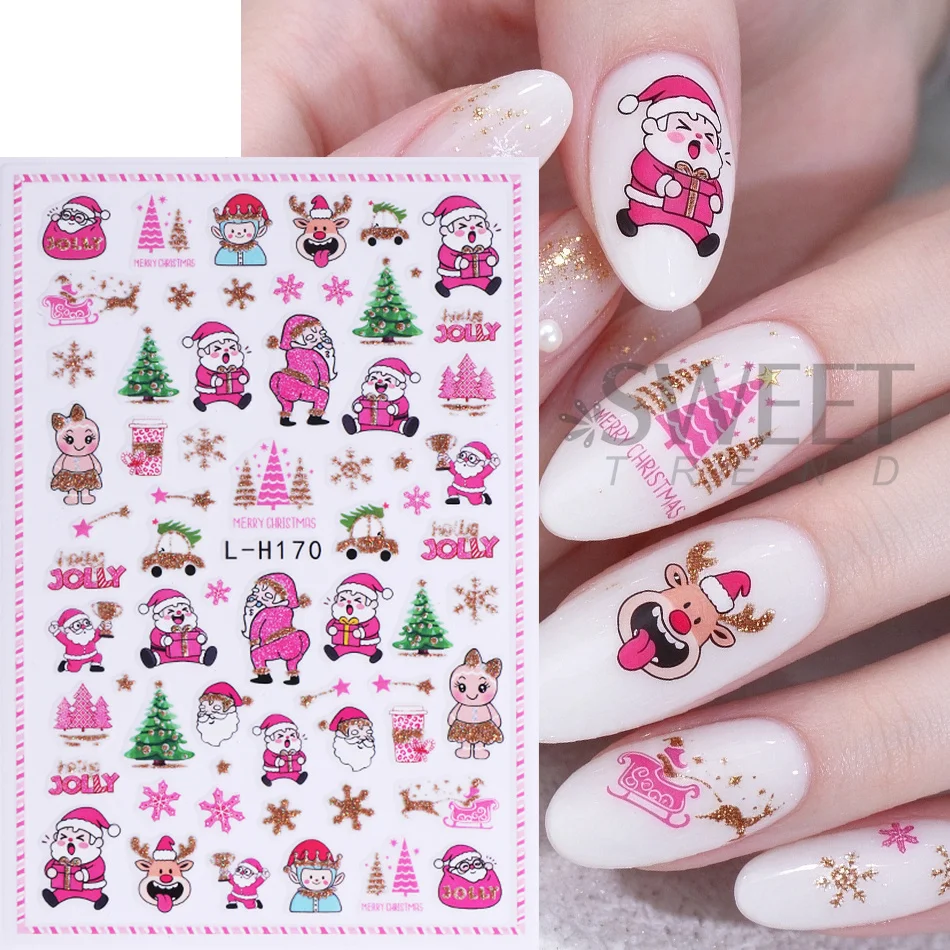4/8Pcs Gold Silver Glitter Christmas Nail Stickers Santa Gnome Reindeer Nutcracker Nail Decals Winter Xmas Tree Manicure Decor