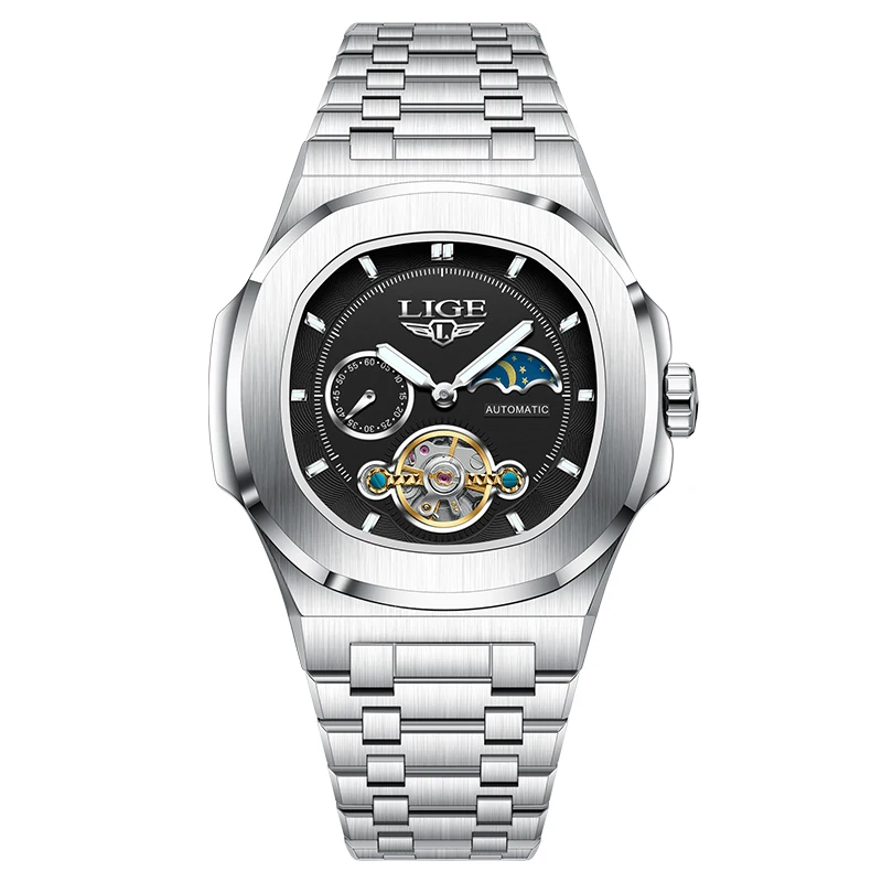 Montre mécanique LIGE avec double tourbillon, affichage 24 heures, en acier inoxydable, authentique, luminescente, étanche, pour homme