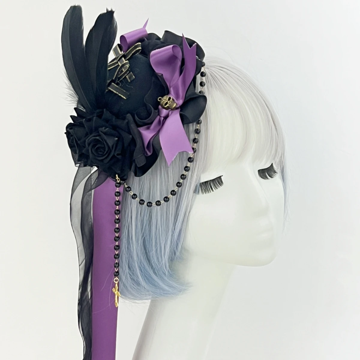 フェザー ゴスロリ 黒帽子 フラワーボール バレッタ ロリータ ヘッドドレス ローズ ロリータ ヘアアクセサリー
