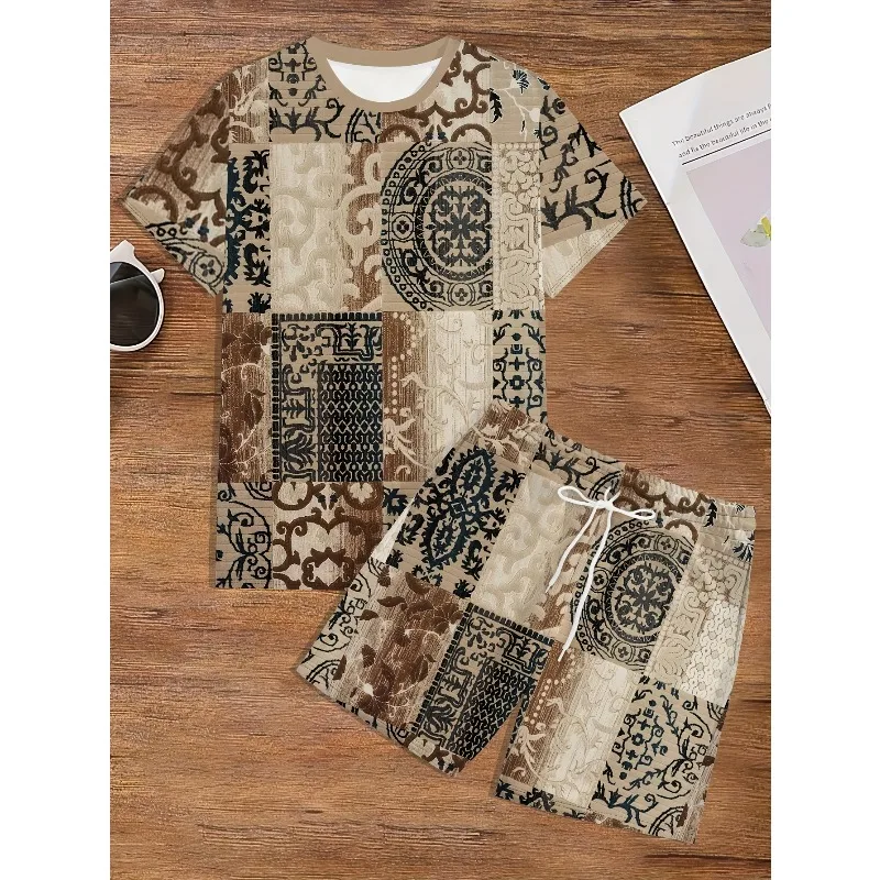 Summer 2025 3D Printed Gold Coin Grid Rainbow Color Block Fashionable Round Neck Short Sleeved T-shirt Shorts Set for Men