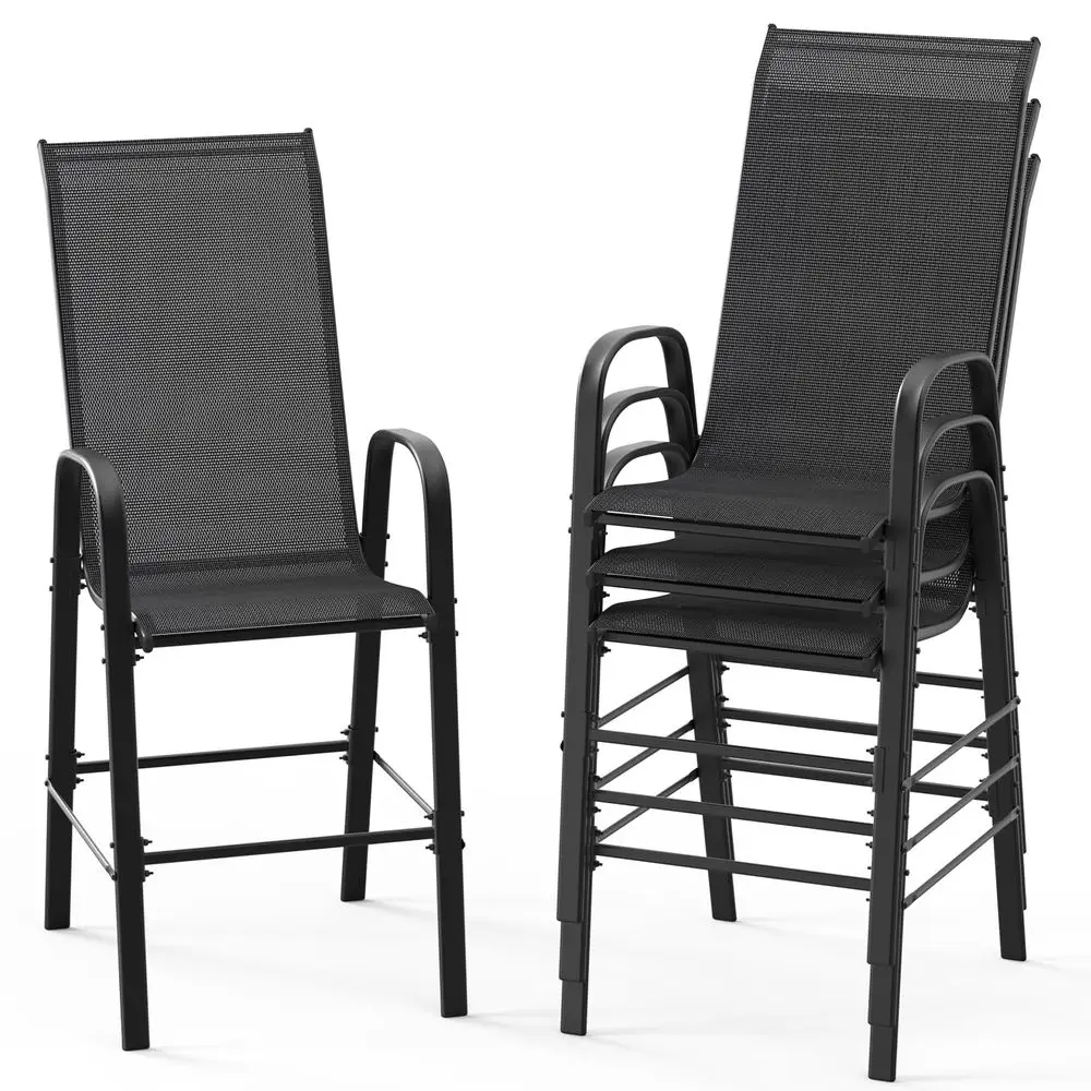 4 Pack Stackable Outdoor Bar Chairs High Back Sling Chairs with Armrests, Ideal for Lawn, Courtyard, Bar, Black