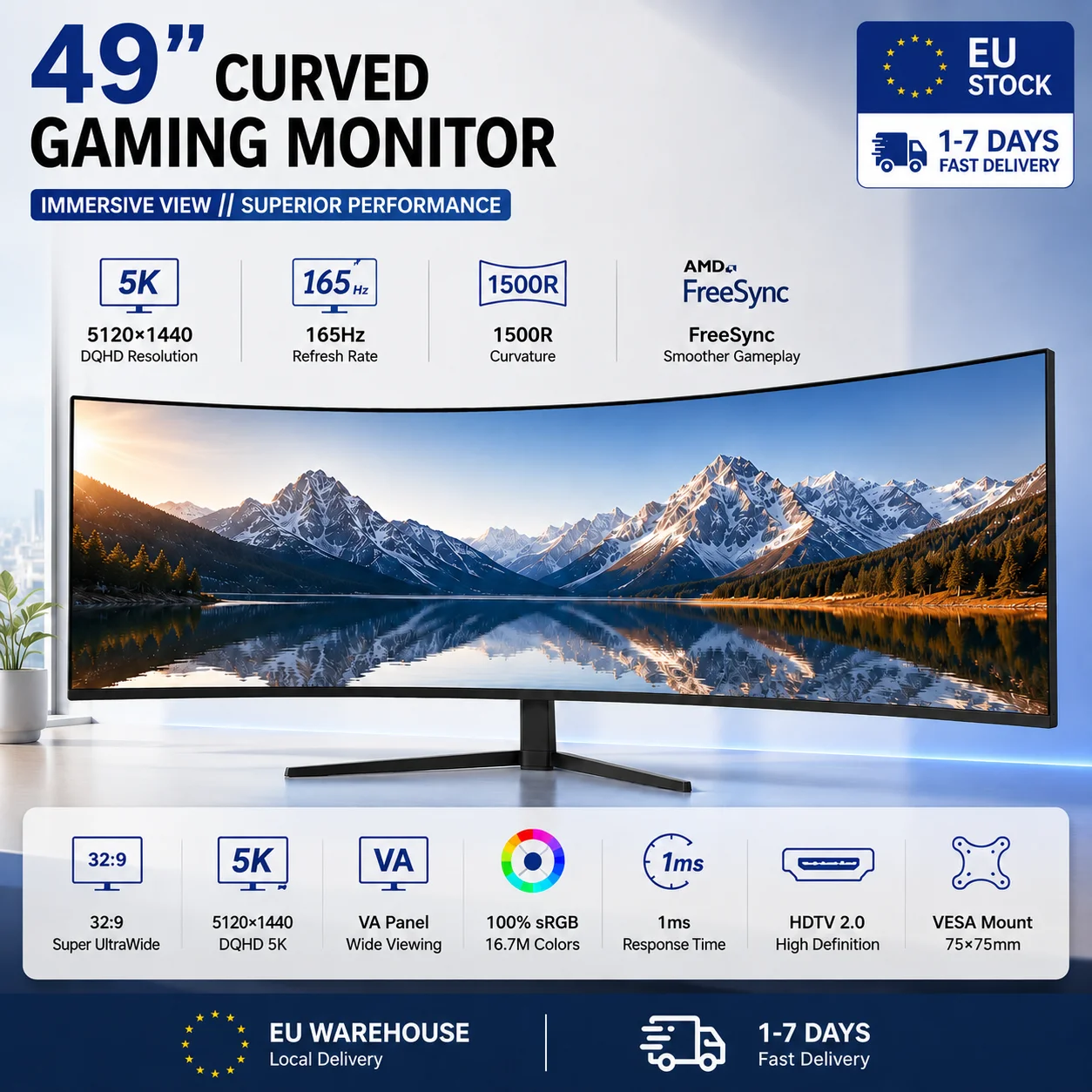 49-inch Gaming Monitor with Curved Screen, 1500R PC Screen 5K 165 Hz DQHD 5120 × 1440p, Computer Screen with FreeSync VA Panel, HDTV 2.0, VESA Mount