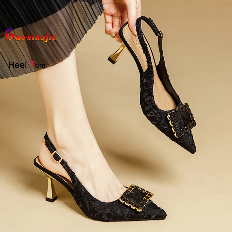 

Дизайнерские женские туфли 2026: элегантные босоножки с острым носком и ремешком на пятке, на тонком каблуке 7 см, для летних вечеринок