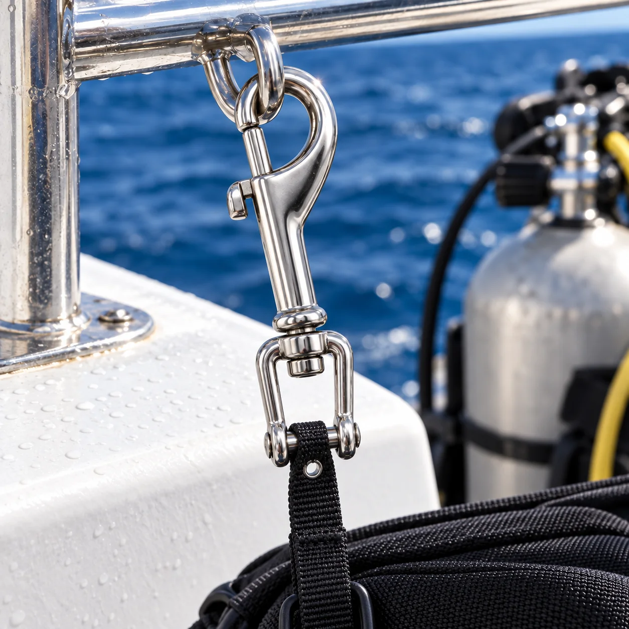 Marine Fork Swivel Snap Hook Made of 316 Stainless Steel with Heavy Duty Spring Clip to Secure Diving Gear on Boats and Yachts